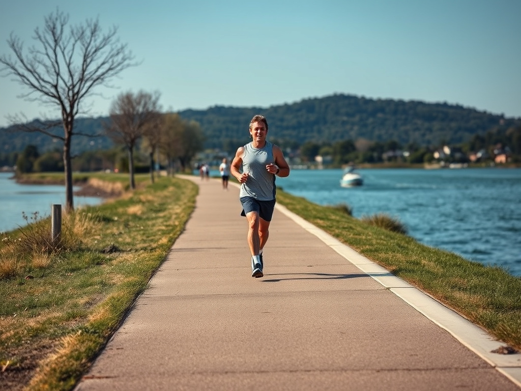 Runner on a paved path along a waterfront corridor