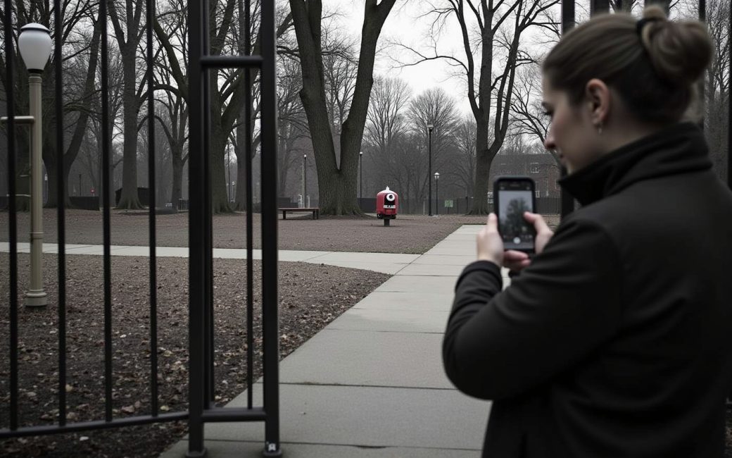 Person at park entrance checking phone for park information and amenities