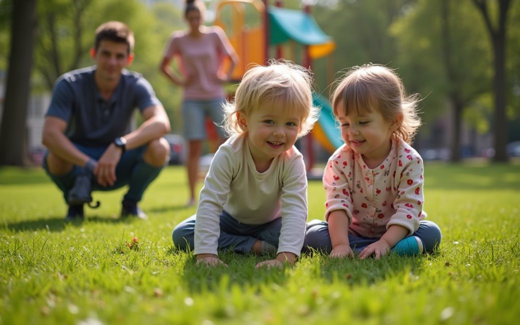 Family enjoying a city park with children playing on open lawn area